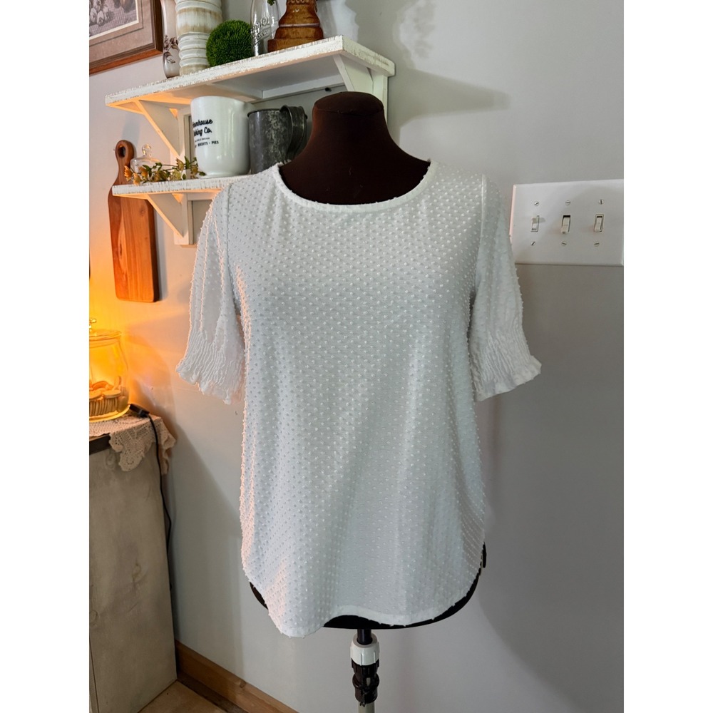 Swiss Dot Blouse Size S White Smocked Sleeve Textured Top neutral career